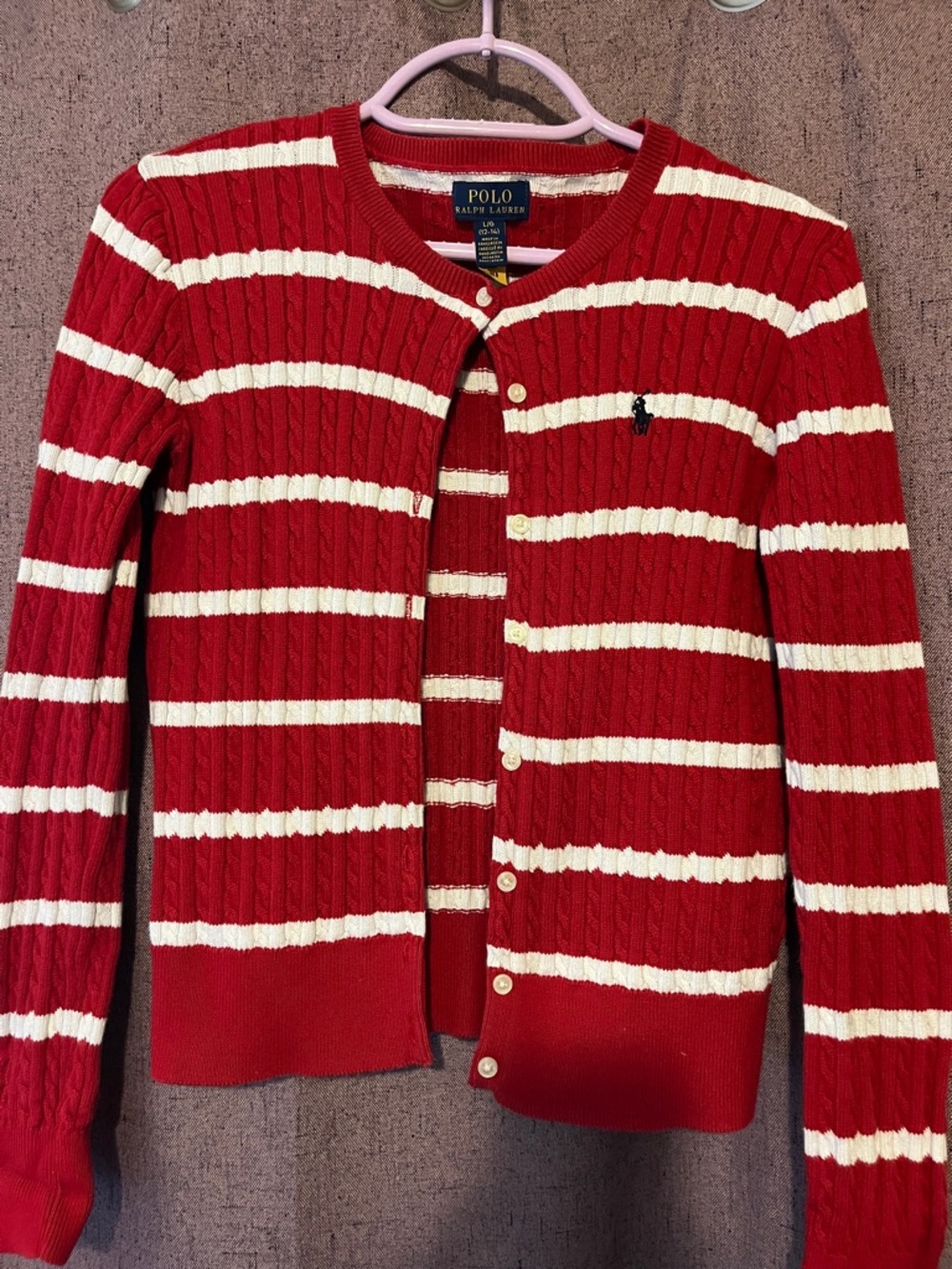 Polo by Ralph Lauren Red and Cream Striped Cable-Knit Cardigan
